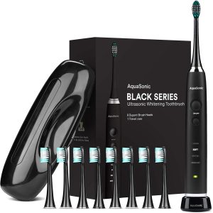 AquaSonic Black Series Ultra Whitening Toothbrush - 8 DuPont Brush Heads & Travel Case Included - Ultra Sonic 40,000 VPM Motor & Wireless Charging - 4 Modes w Smart Timer - Modern Electric Toothbrush by Aquasonic, Cheaper Alternatives to Sonicare Toothbrush