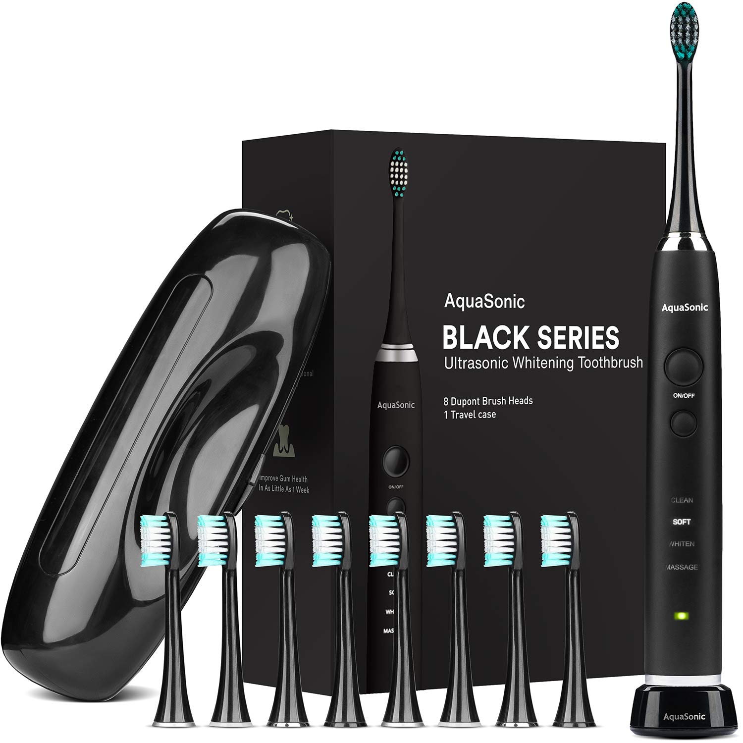 AquaSonic Black Series Ultra Whitening Toothbrush - 8 DuPont Brush Heads & Travel Case Included - Ultra Sonic 40,000 VPM Motor & Wireless Charging - 4 Modes w Smart Timer - Modern Electric Toothbrush by Aquasonic